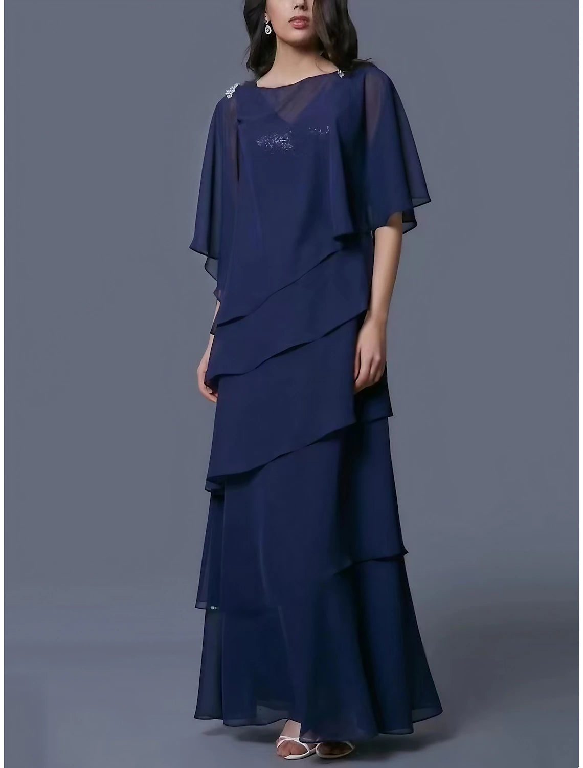 Wholesale Sheath / Column Mother of the Bride Dress Wedding Guest Elegant Scoop Neck Ankle Length Chiffon Half Sleeve with Sequin Tier